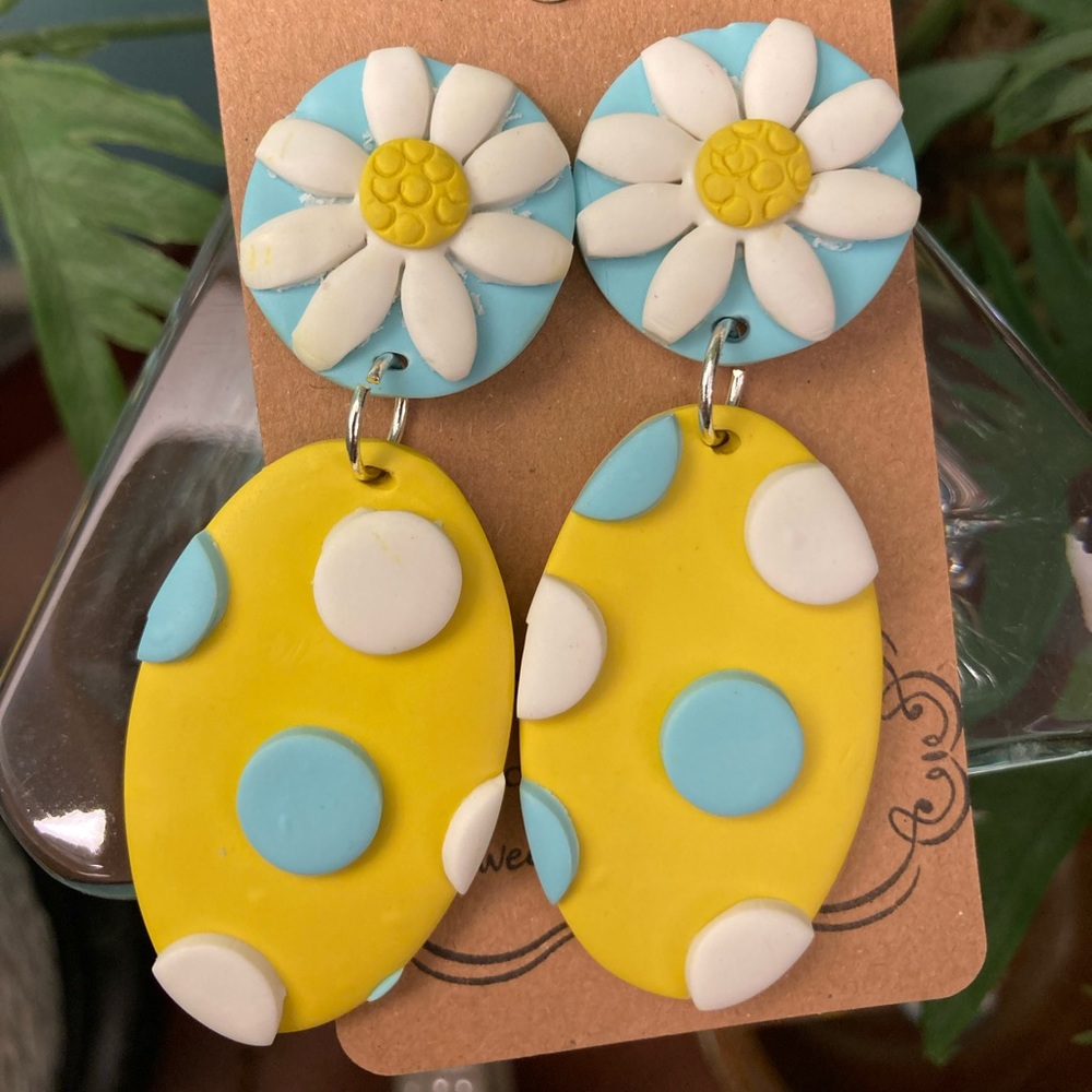 Floral dangle earrings with blue and white polka dots